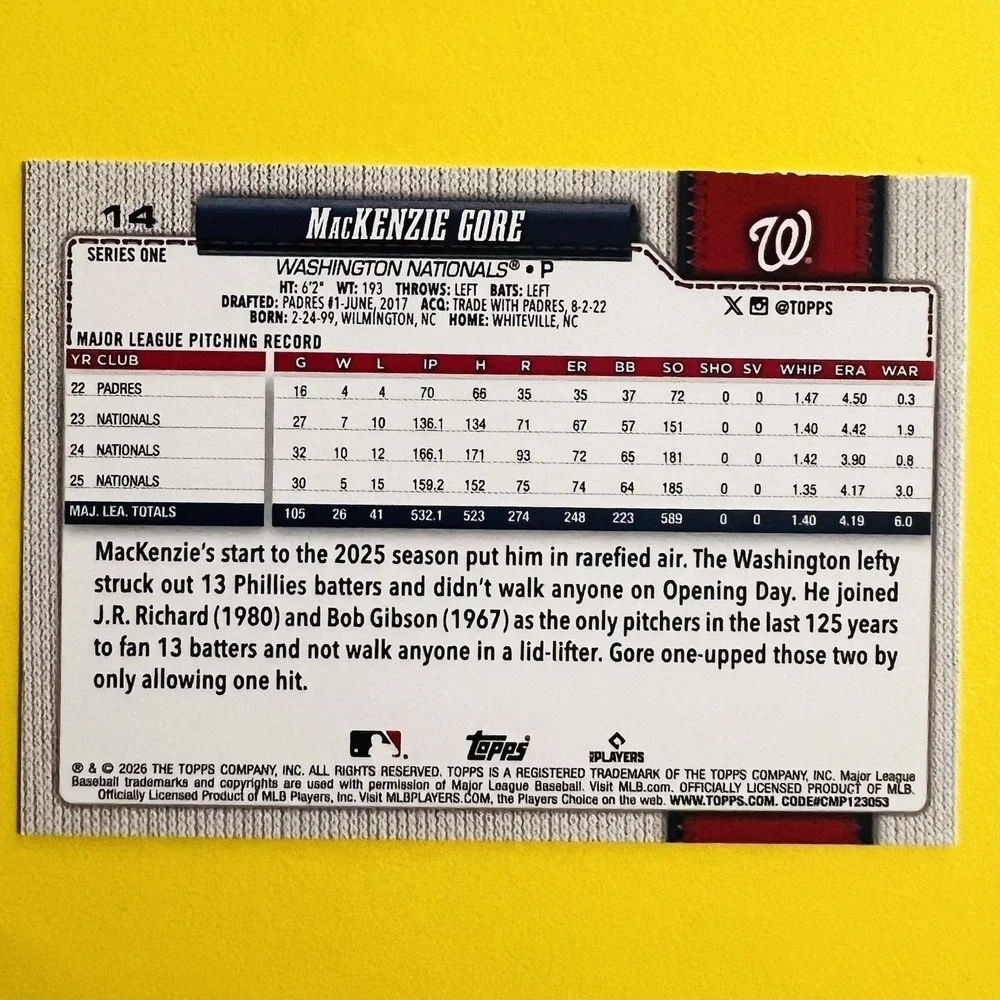 2026 Topps Series 1 MacKenzie Gore #14 Base‎ Washington Nationals